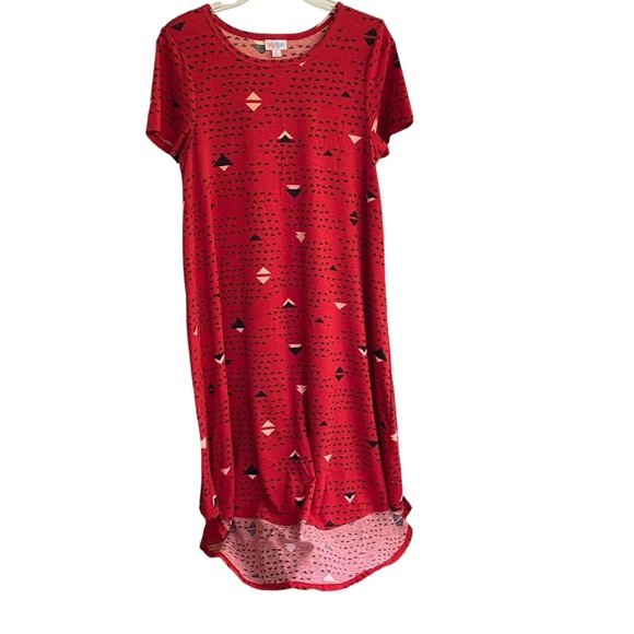 LULAROE Carly Dress Red Geometric High Low Hem Size SMALL - Picture 2 of 7
